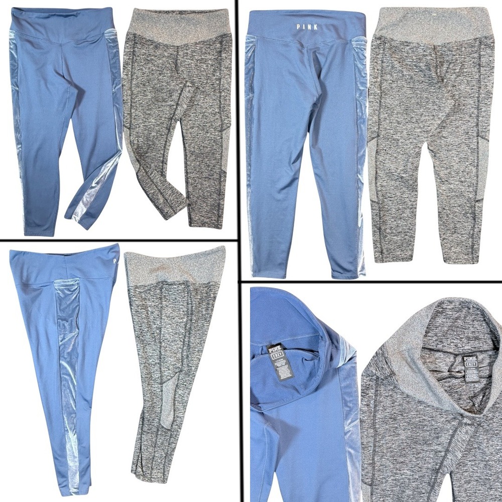 Lot 2 PINK Victoria's Secret Cozy High Waist Leggings Velvet Blue Gray Pockets L - Picture 2 of 7